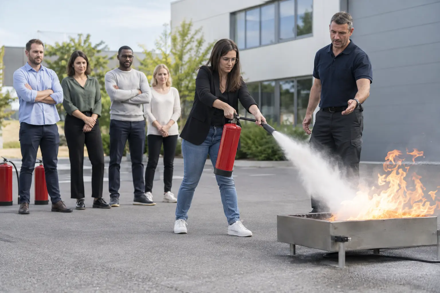 Collaborateurs apprenant à manipuler un extincteur sur un feu contrôlé