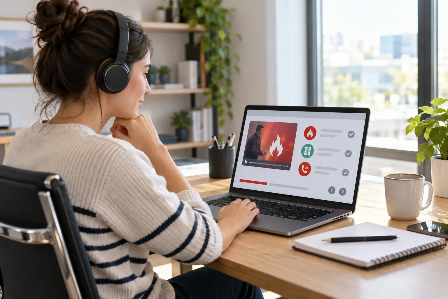 Apprenante suivant à distance un module e-learning consacré aux consignes incendie