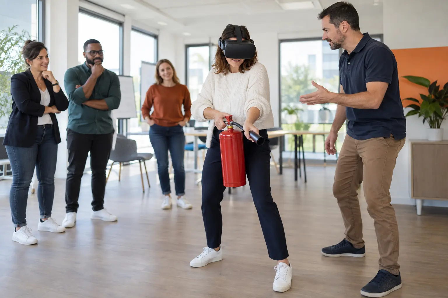 Équipe participant à une mise en situation incendie immersive en entreprise